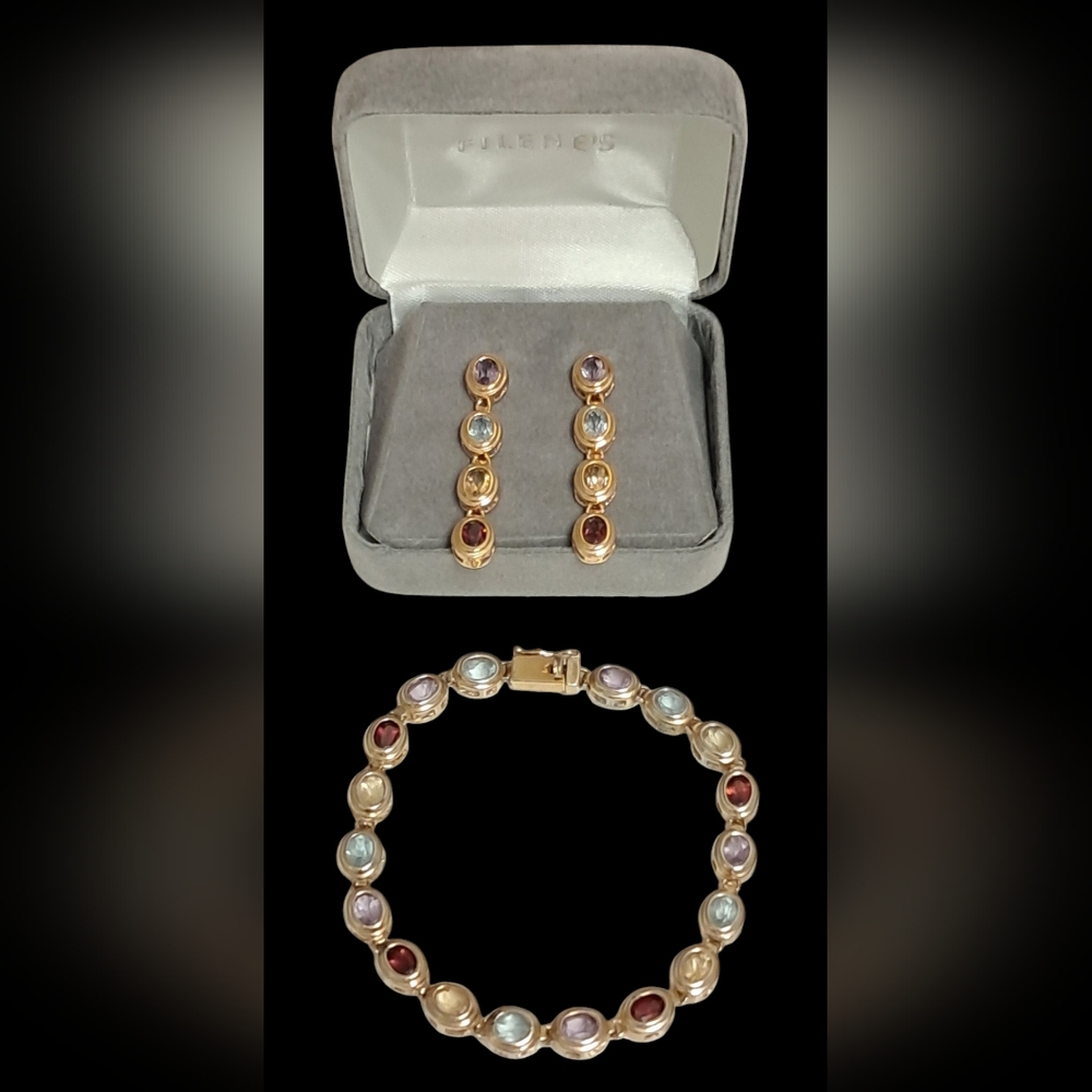 VINTAGE FILENE'S MATCHING MULTI GENUINE GEMSTONE EARINGS AND BRACELET SET - Picture 4 of 12